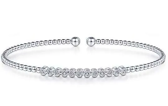 14K White Gold Bujukan Bead Cuff Bracelet with Bezel Set Diamond Stations