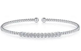 14K White Gold Bujukan Bead Cuff Bracelet with Bezel Set Diamond Stations