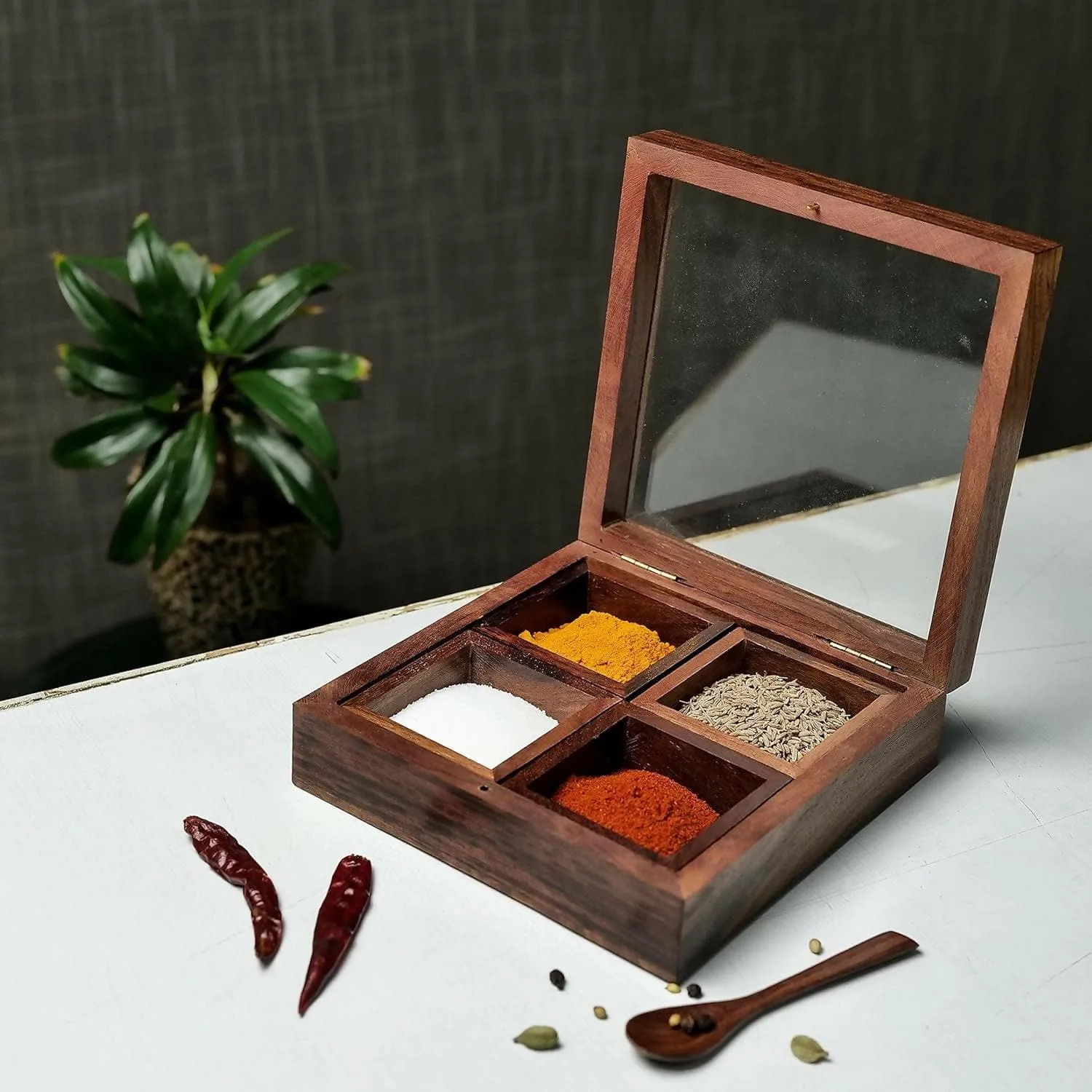 4 Compartments spice box with Transparent lid (wooden)