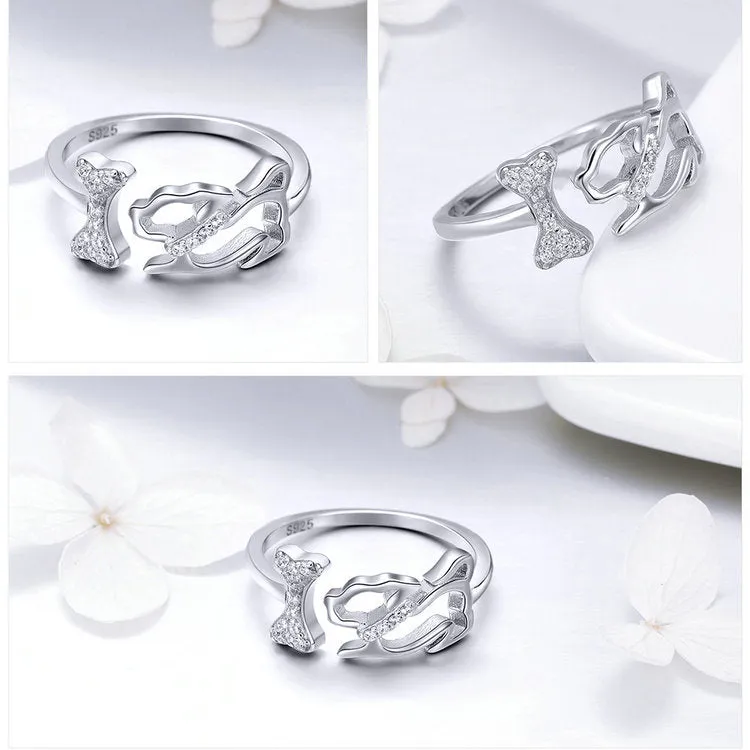 Adorable Pure S925 Silver Bone Chasing Dog Ring