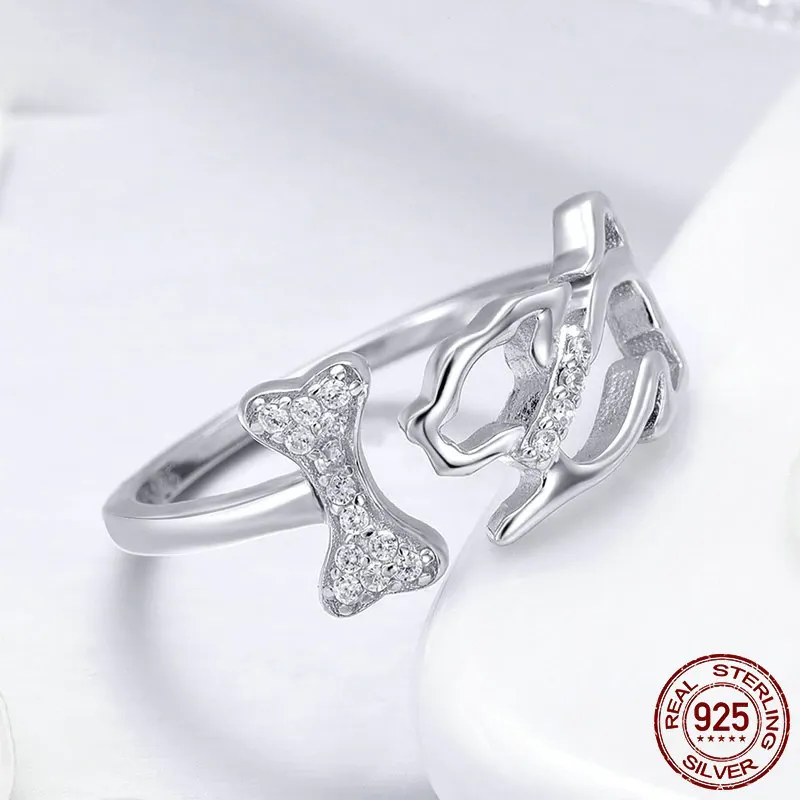 Adorable Pure S925 Silver Bone Chasing Dog Ring