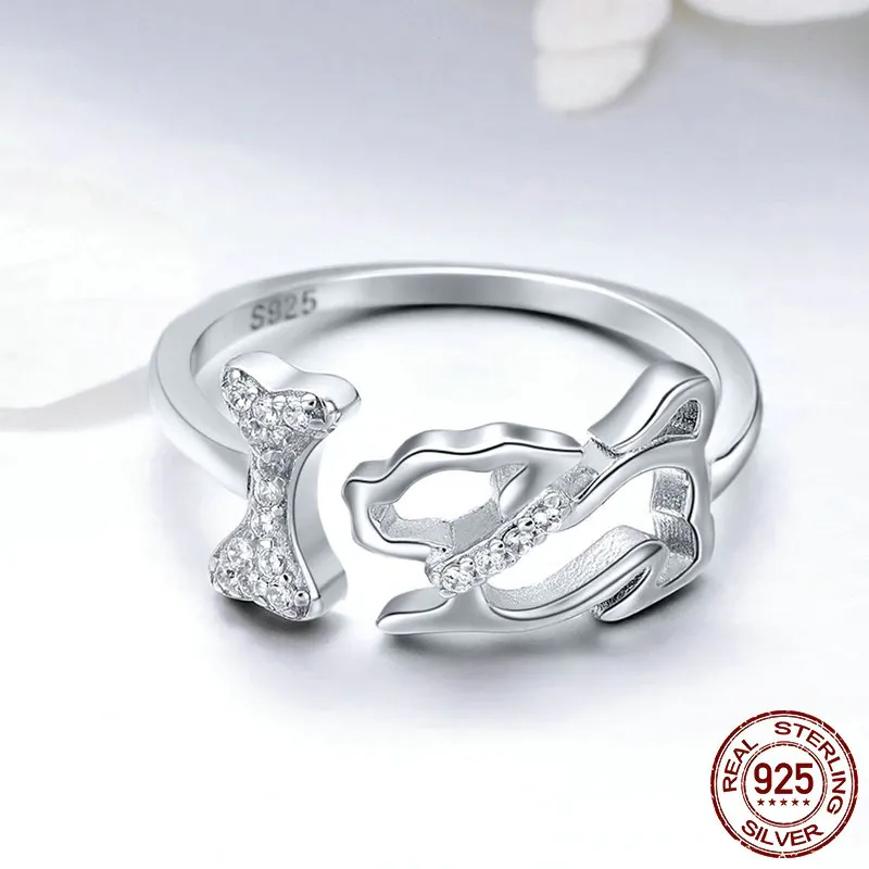 Adorable Pure S925 Silver Bone Chasing Dog Ring