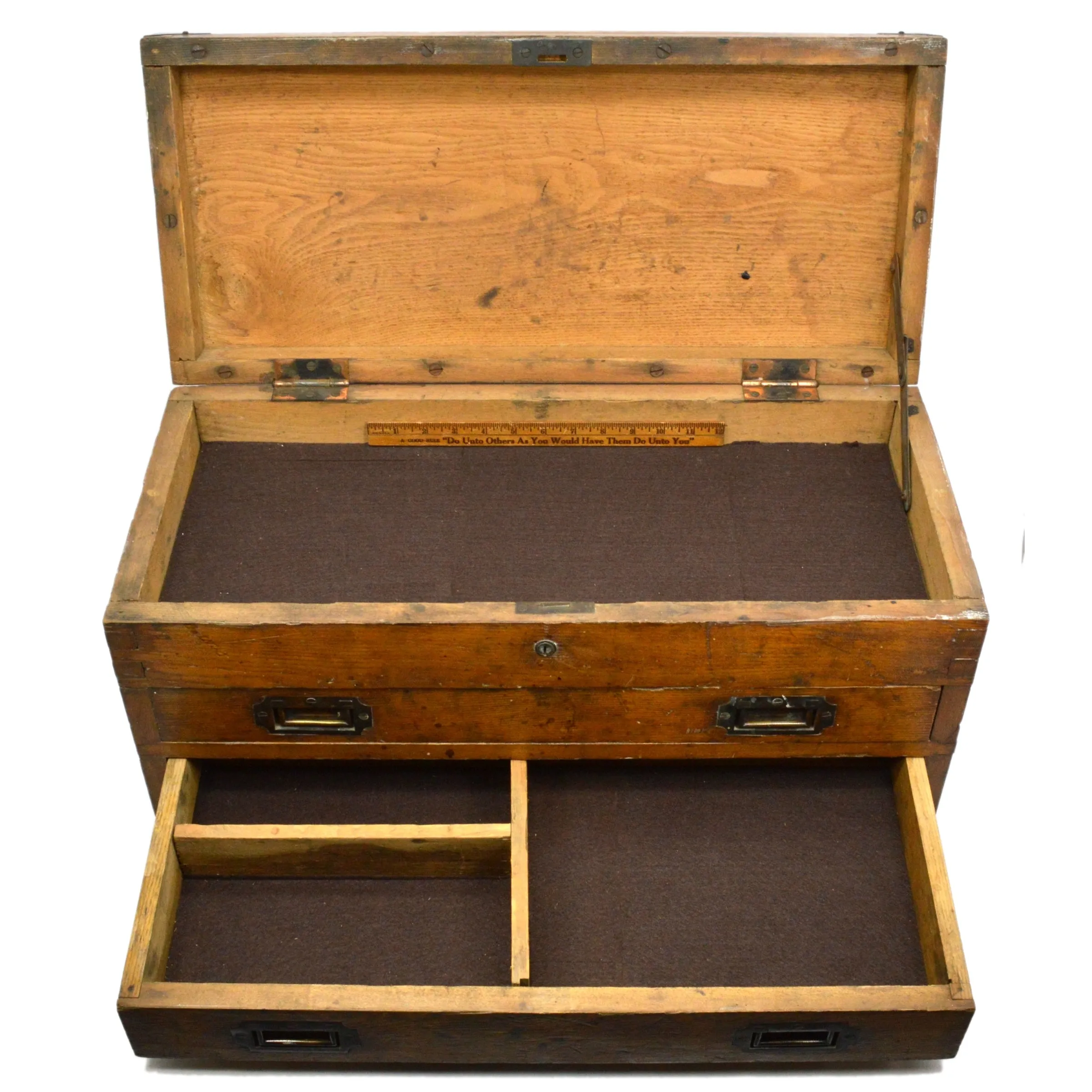 Antique Dovetail Wood Machinist Chest - Vintage 2-Drawer Tool Box with Elegant Brass Hardware