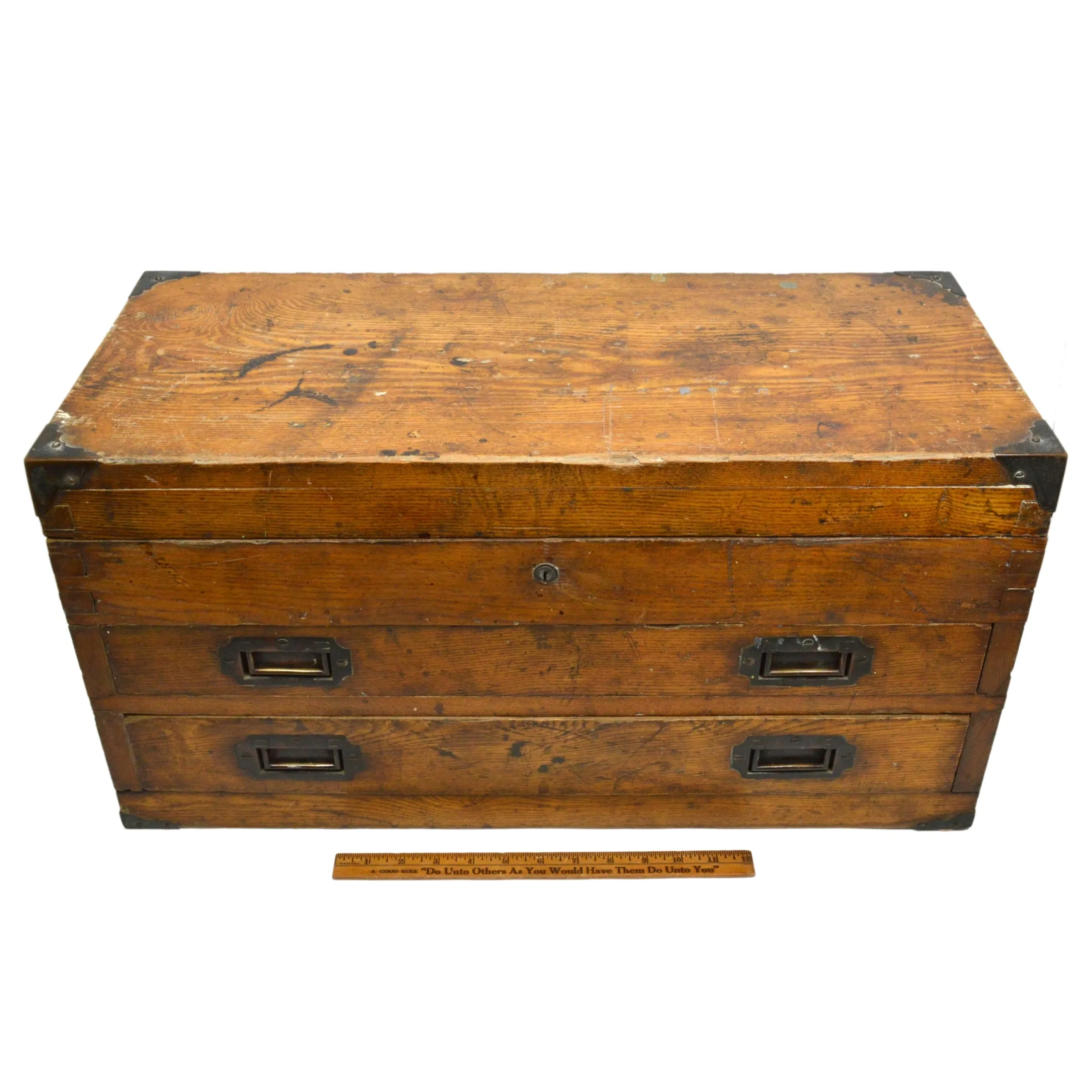 Antique Dovetail Wood Machinist Chest - Vintage 2-Drawer Tool Box with Elegant Brass Hardware