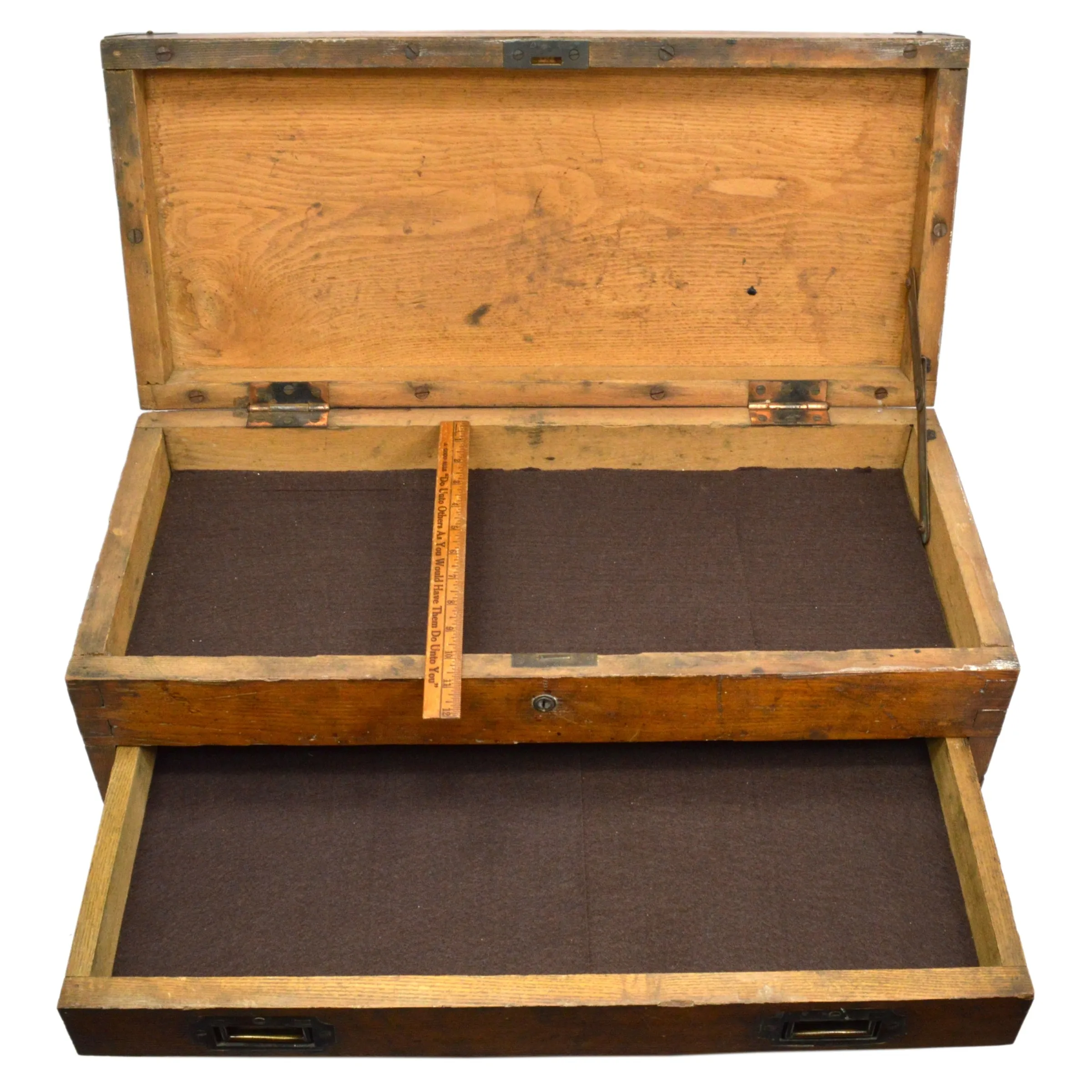 Antique Dovetail Wood Machinist Chest - Vintage 2-Drawer Tool Box with Elegant Brass Hardware