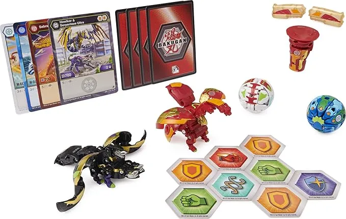 Bakugan Baku-Gear 4-Pack, Fused Sabra x Pyravian Ultra with Baku-Gear and Howlkor x Serpenteze Ultra Collectible Action Figures