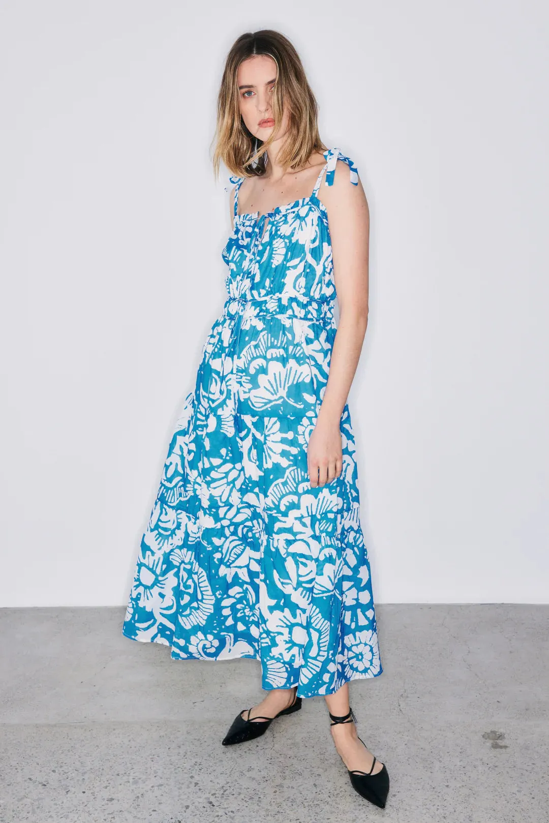 Blue Batik Floral Sleeveless Sally Maxi Dress