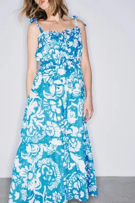 Blue Batik Floral Sleeveless Sally Maxi Dress