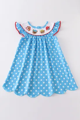 Blue Character embroidery dot dress