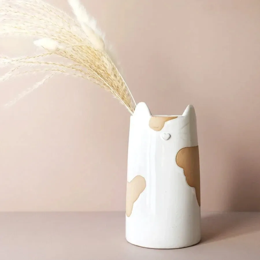 Brown and White Cat Sculptural Vase