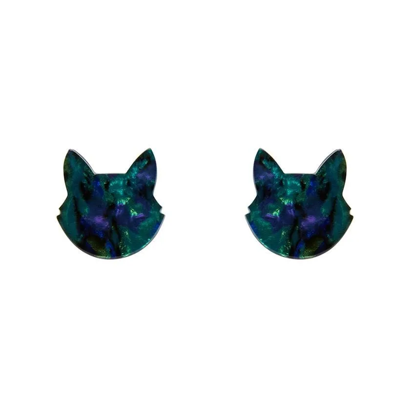 Cat Head Lava Resin Stud Earrings - Green