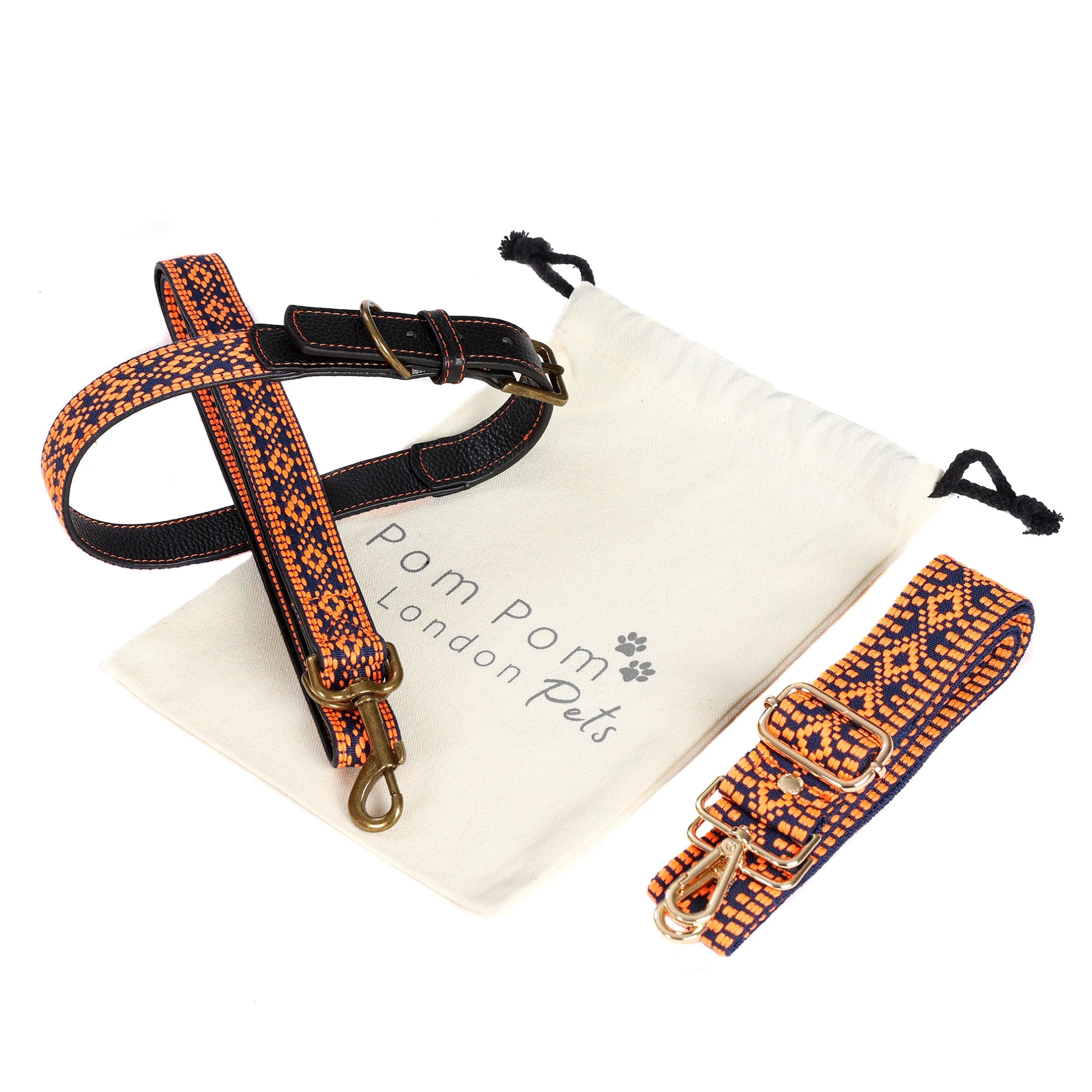 Collar and Lead Set - Orange & Navy