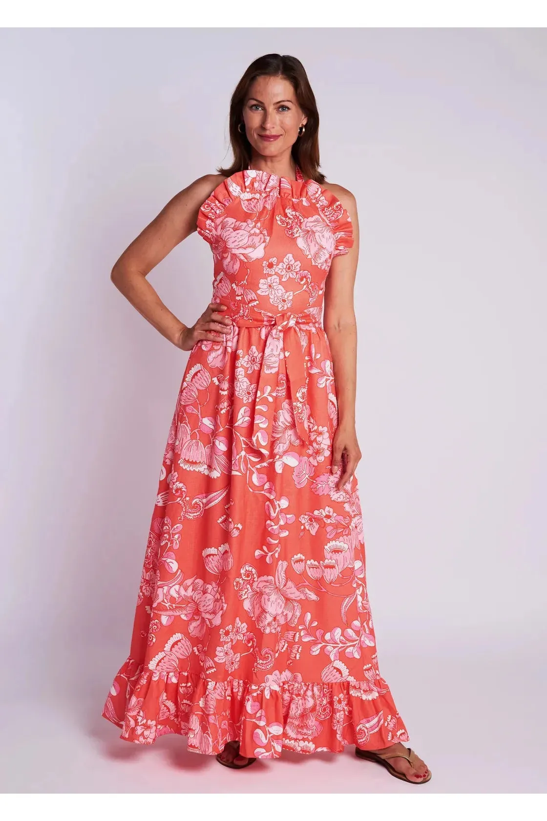 Coral Ruffle Trimmed Sleeveless Maxi Dress