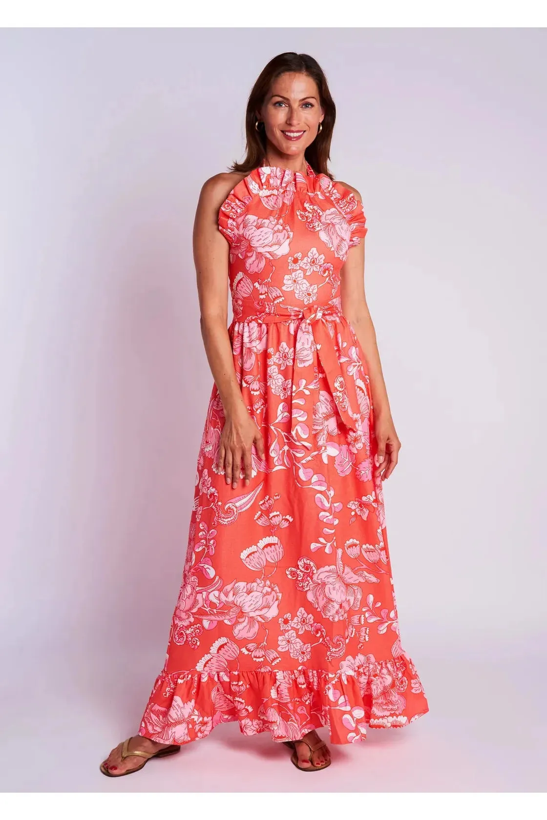 Coral Ruffle Trimmed Sleeveless Maxi Dress