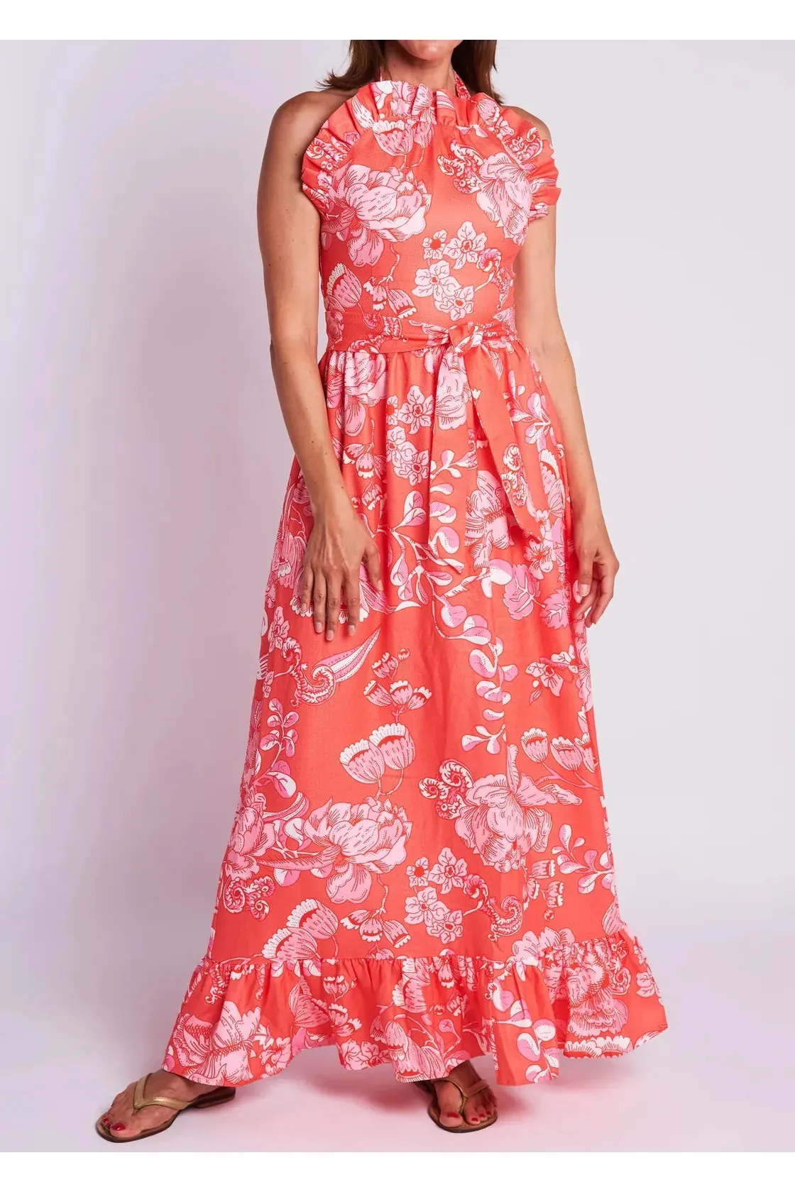 Coral Ruffle Trimmed Sleeveless Maxi Dress