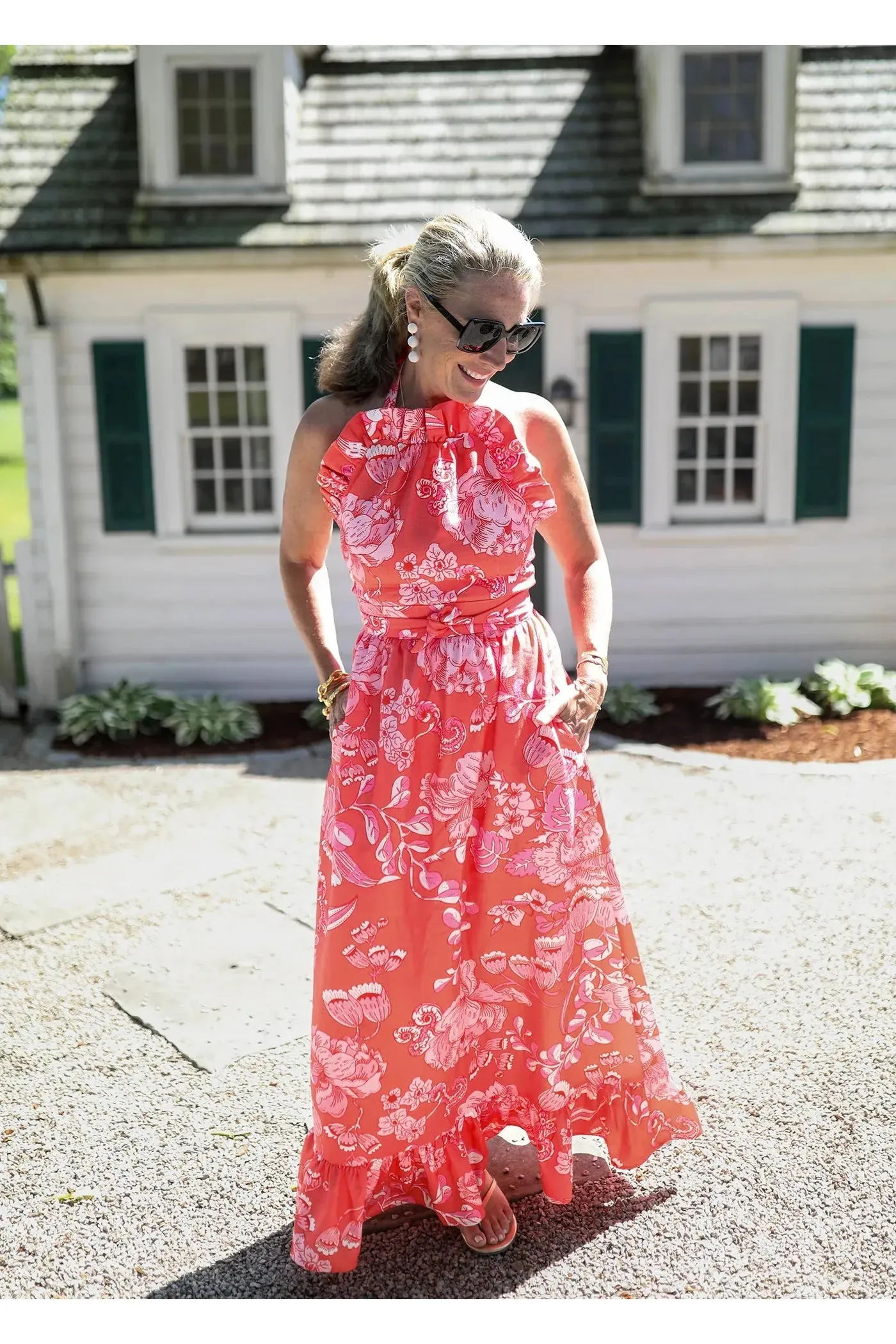 Coral Ruffle Trimmed Sleeveless Maxi Dress