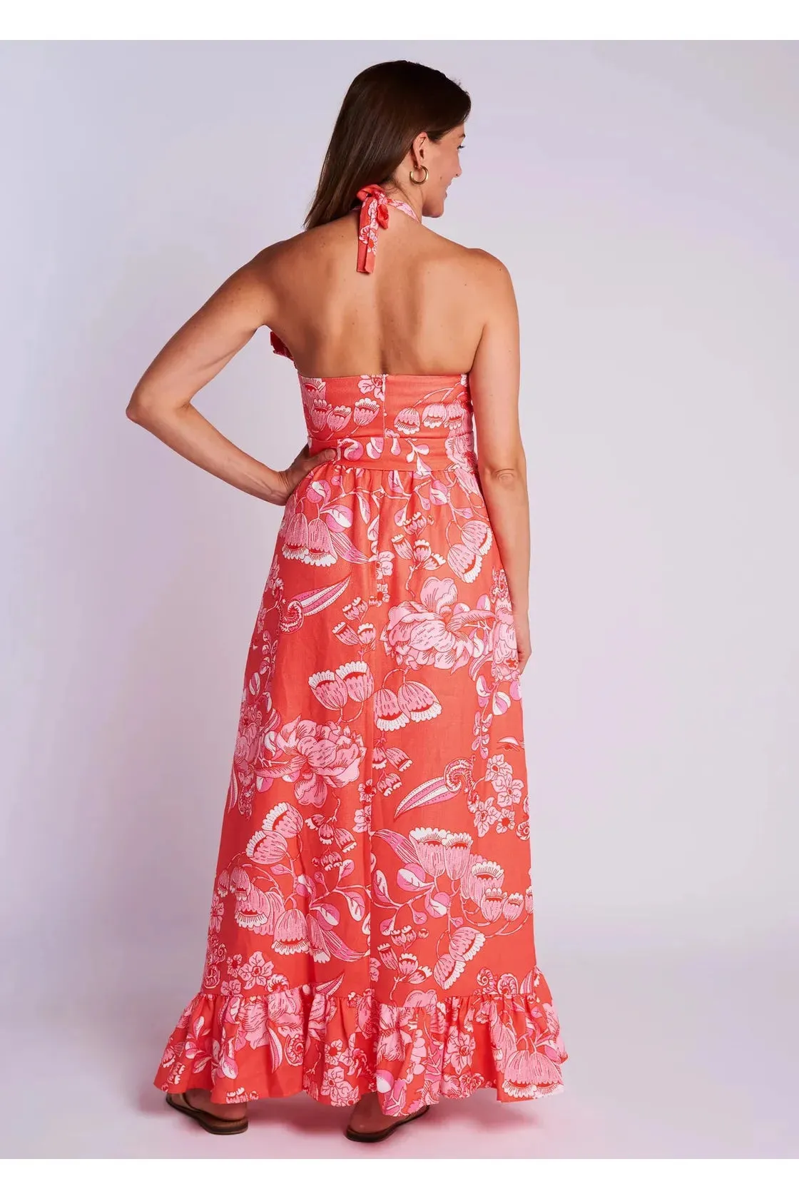 Coral Ruffle Trimmed Sleeveless Maxi Dress