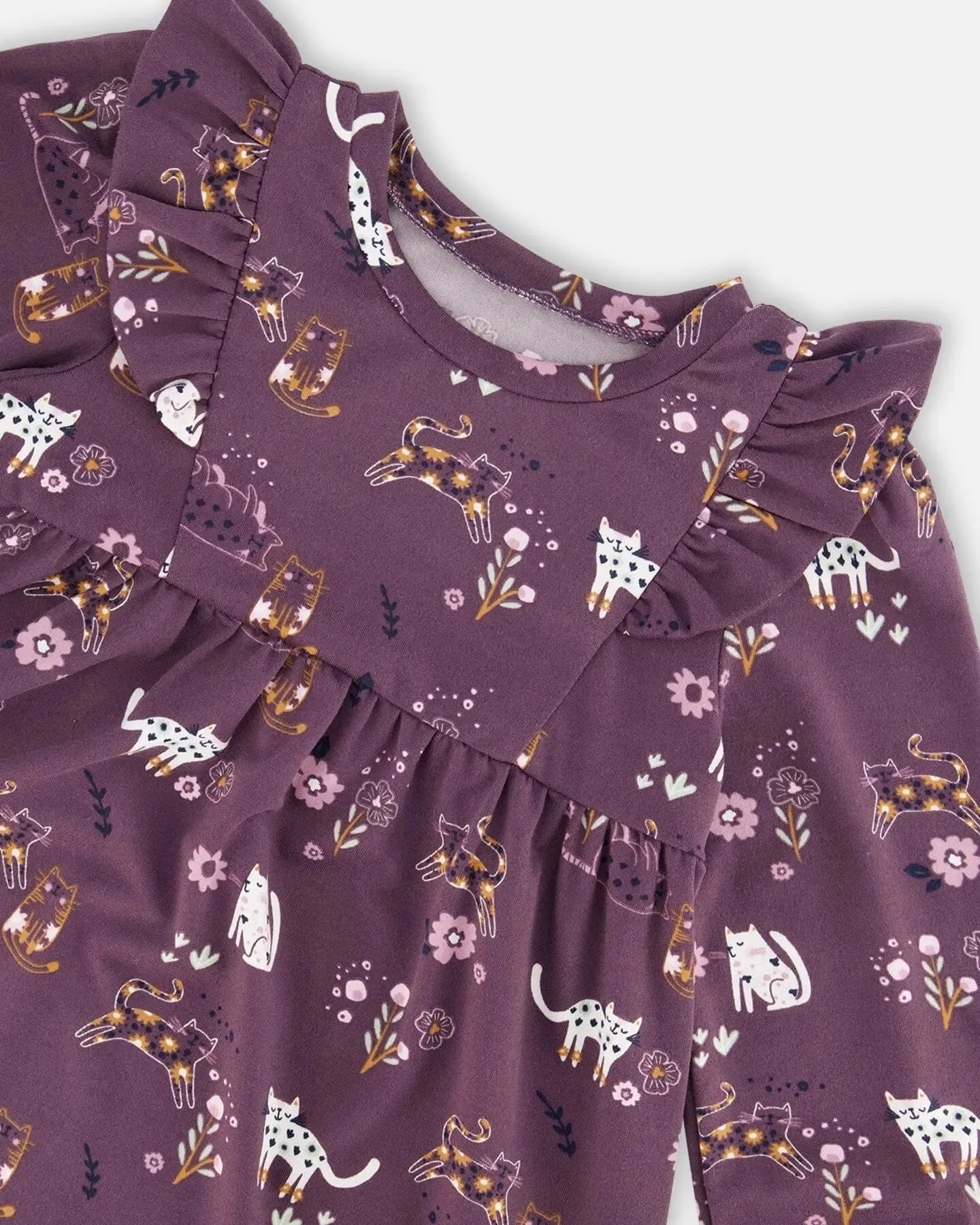 Dress With Frills Mauve Printed Cats