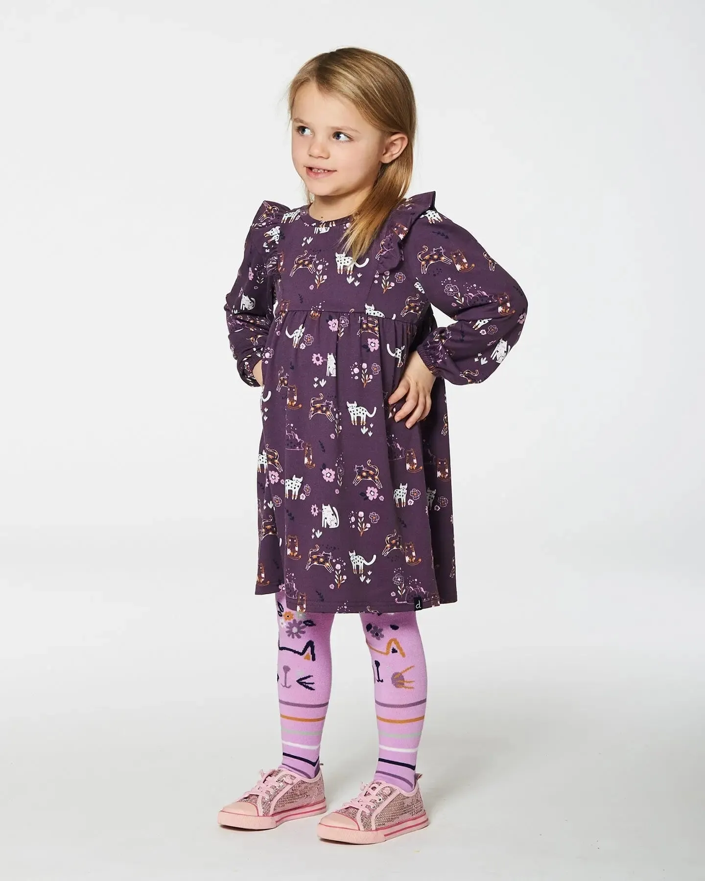 Dress With Frills Mauve Printed Cats