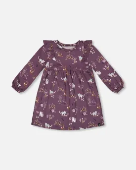 Dress With Frills Mauve Printed Cats