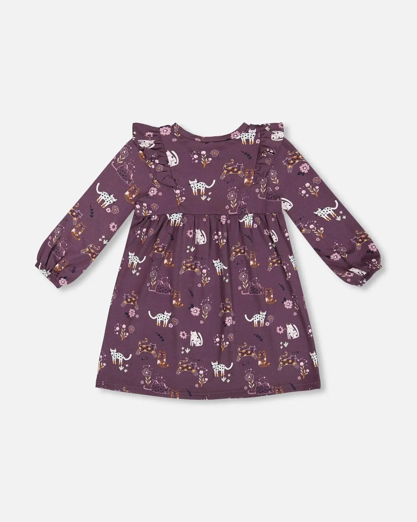 Dress With Frills Mauve Printed Cats