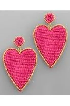 Fuchsia Beaded Heart Earrings