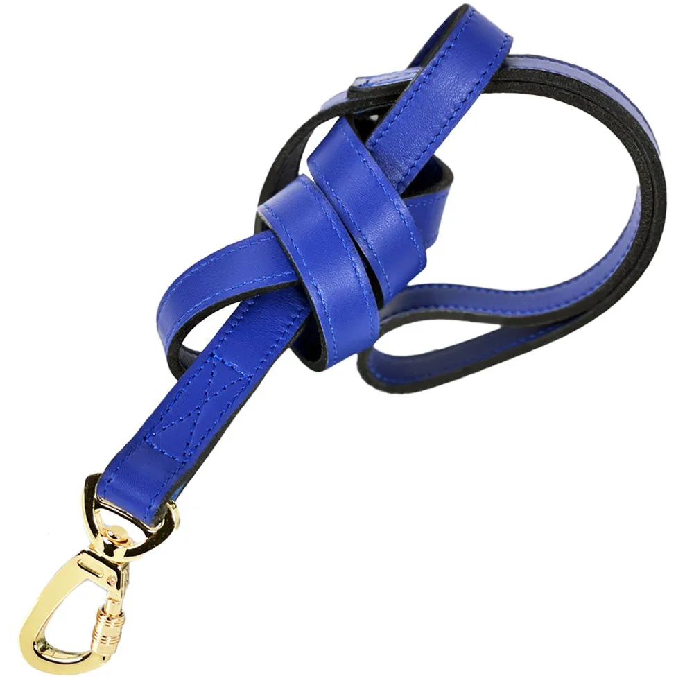 Italian Cobalt Blue Leather Dog Leash in Gold