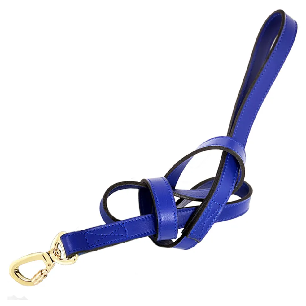 Italian Cobalt Blue Leather Dog Leash in Gold