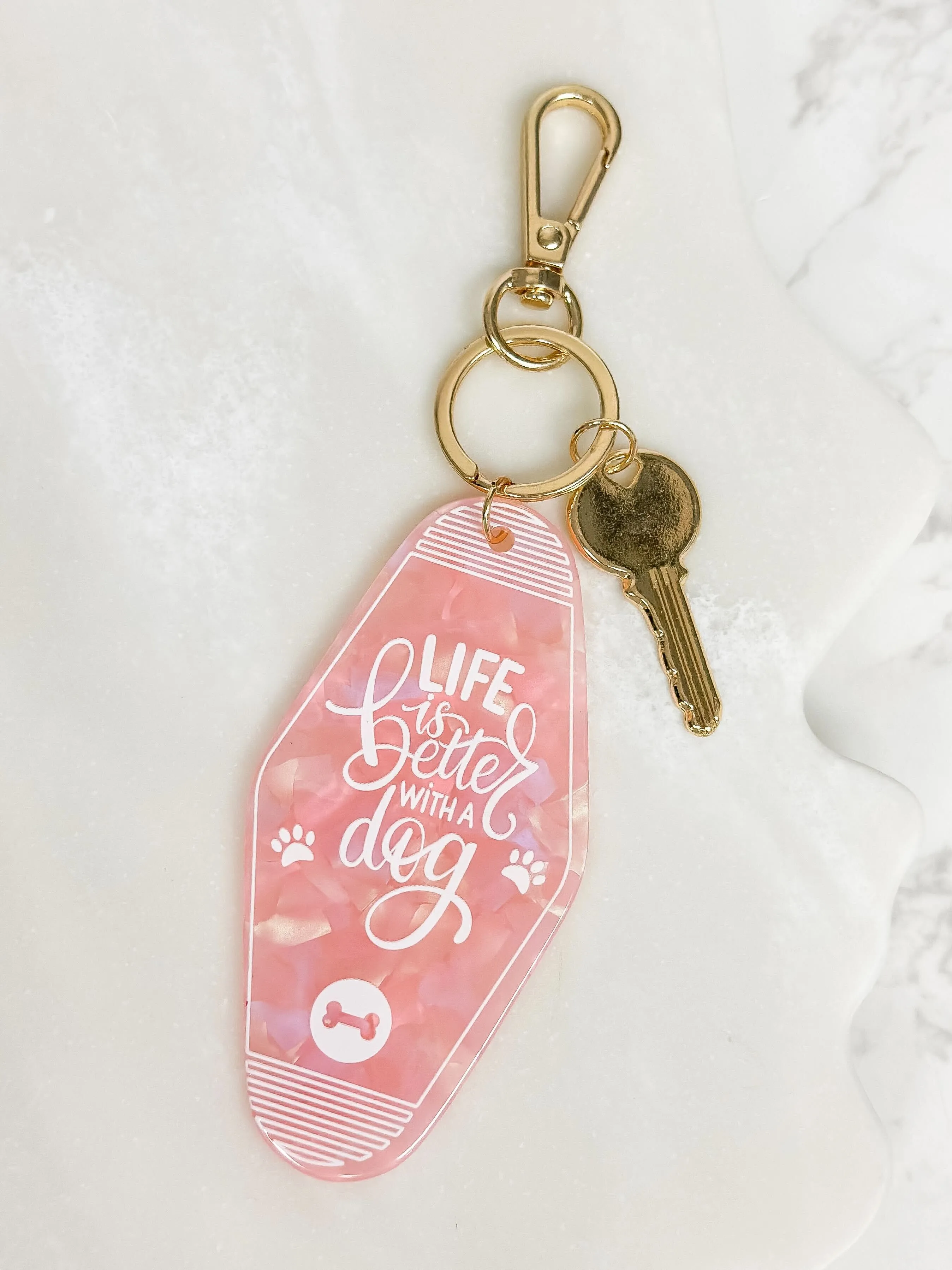 'Life Is Better With A Dog' Retro Motel Keychain - Pink