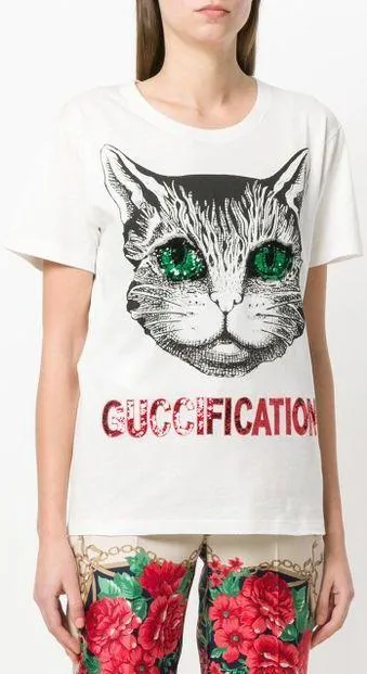 'Mystic Cat' Fication Printed Embellished Cotton T-Shirt