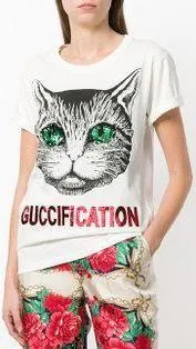 'Mystic Cat' Fication Printed Embellished Cotton T-Shirt