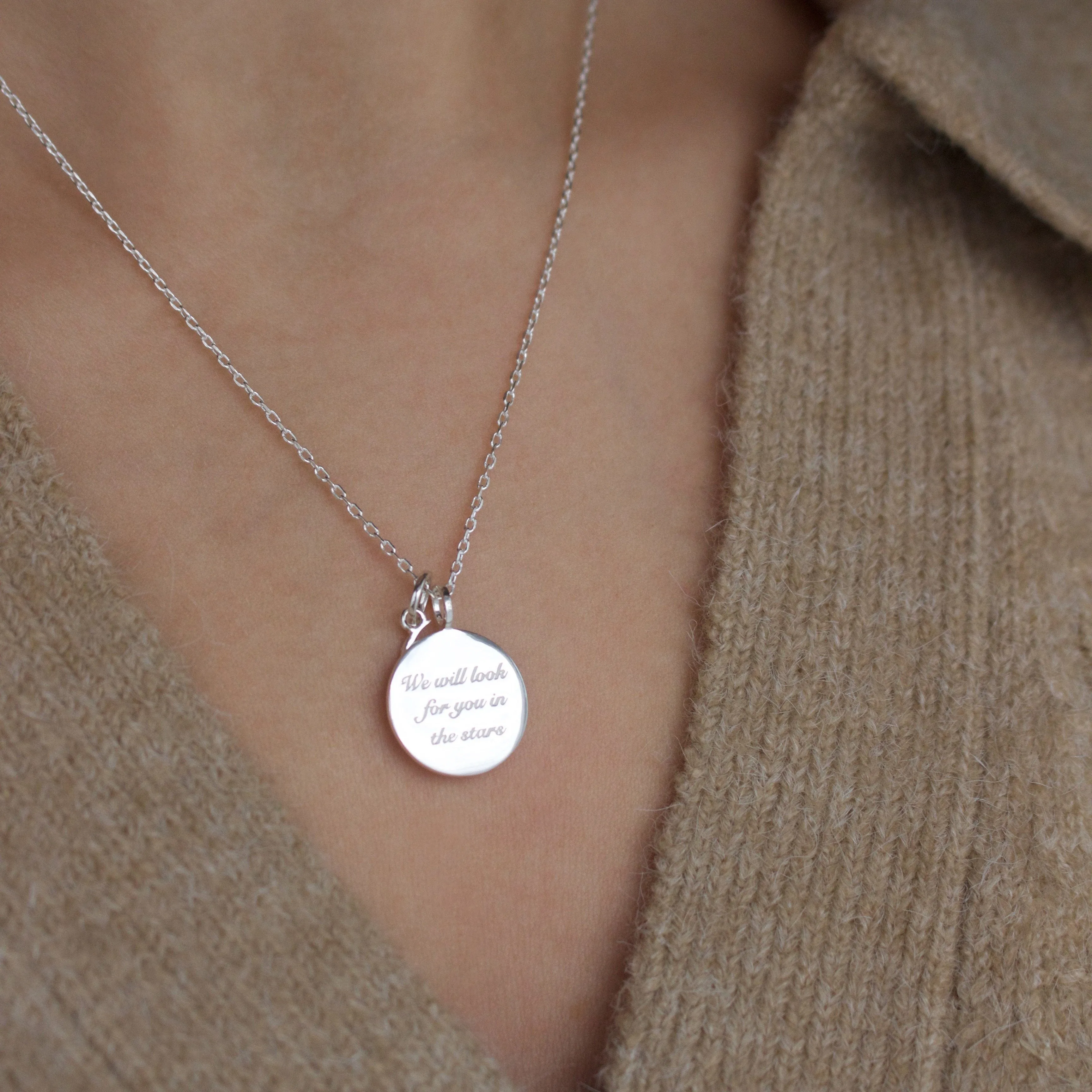 "We will look for you in the stars" Coin Necklace with Crescent Moon Charm