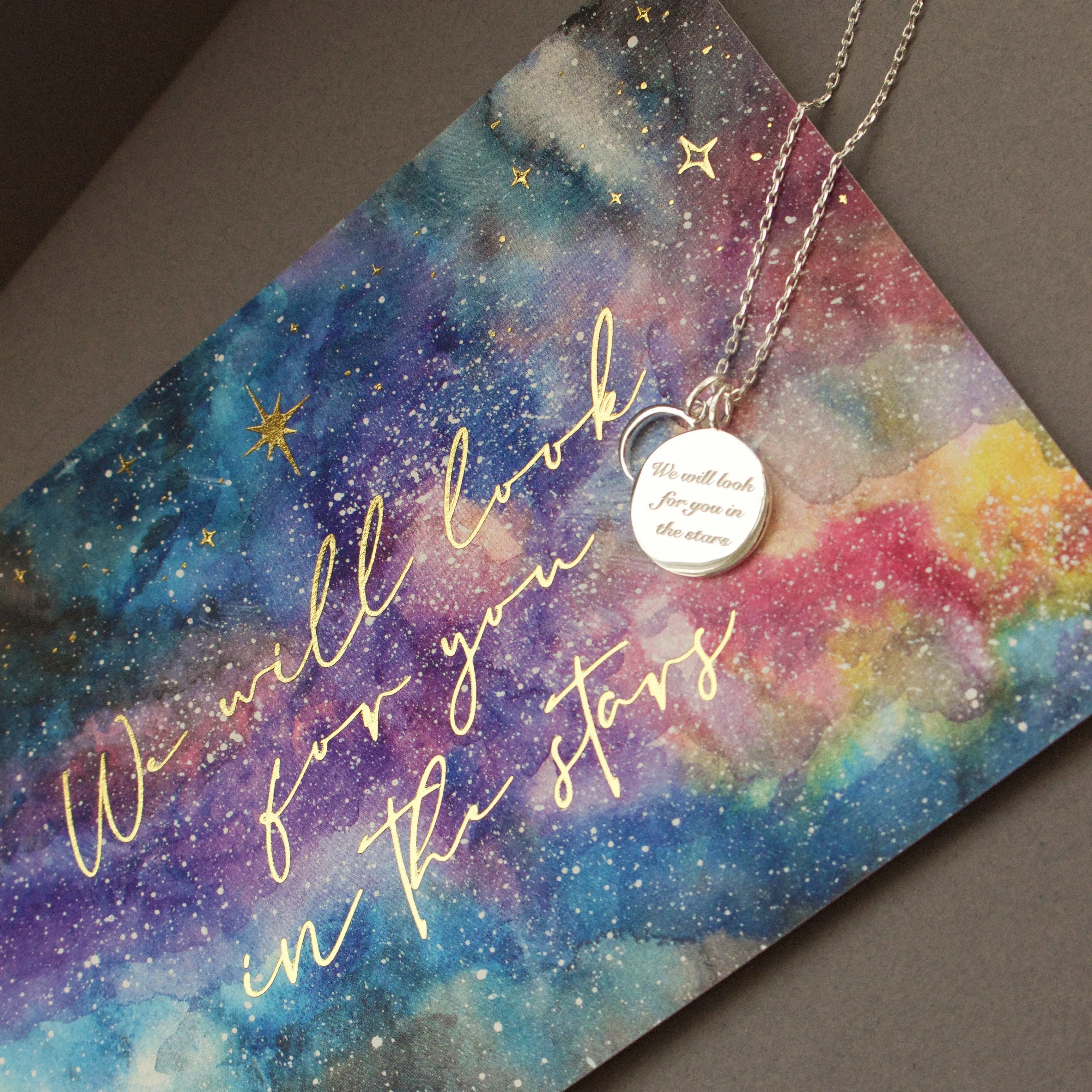 "We will look for you in the stars" Coin Necklace with Crescent Moon Charm