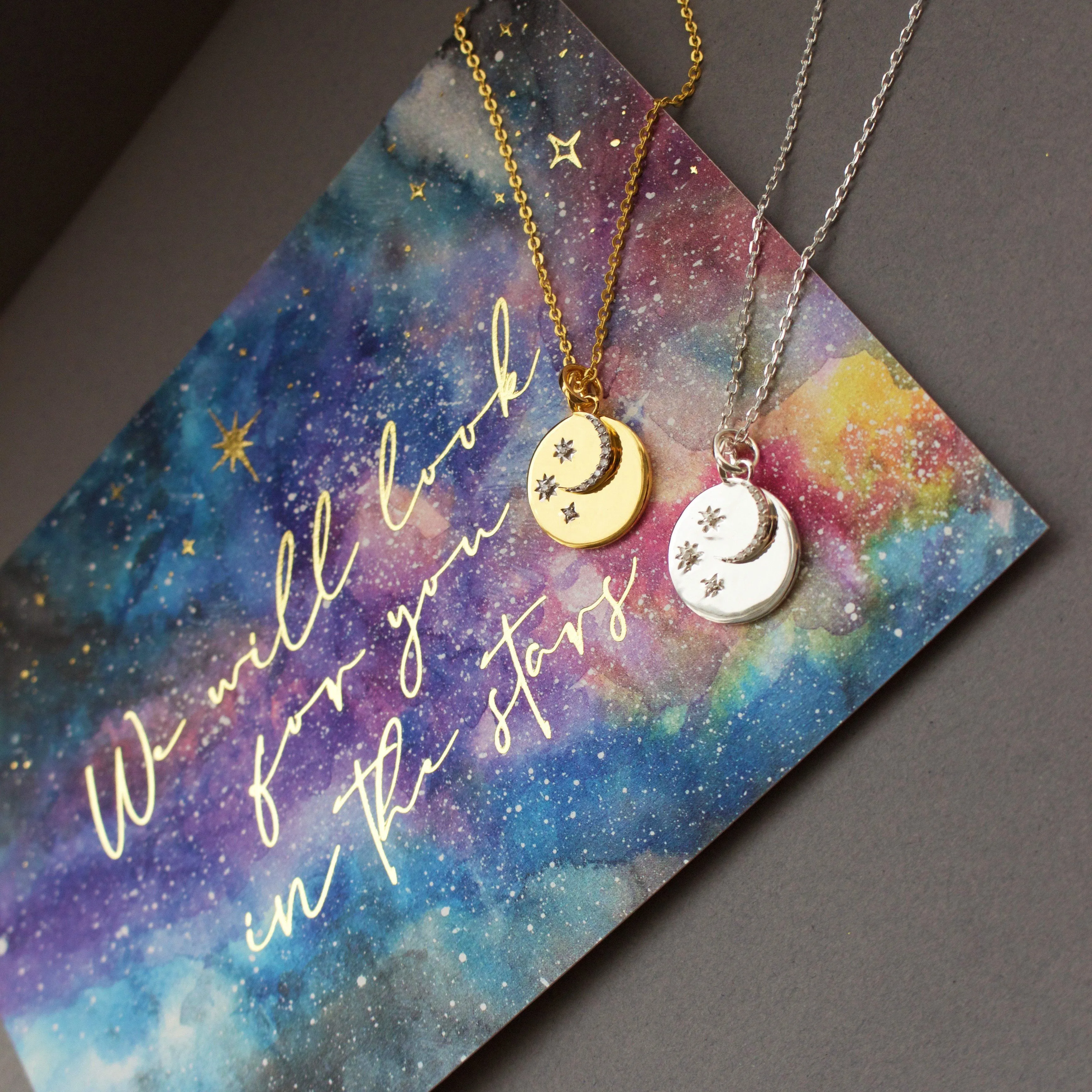 "We will look for you in the stars" Coin Necklace with Crescent Moon Charm