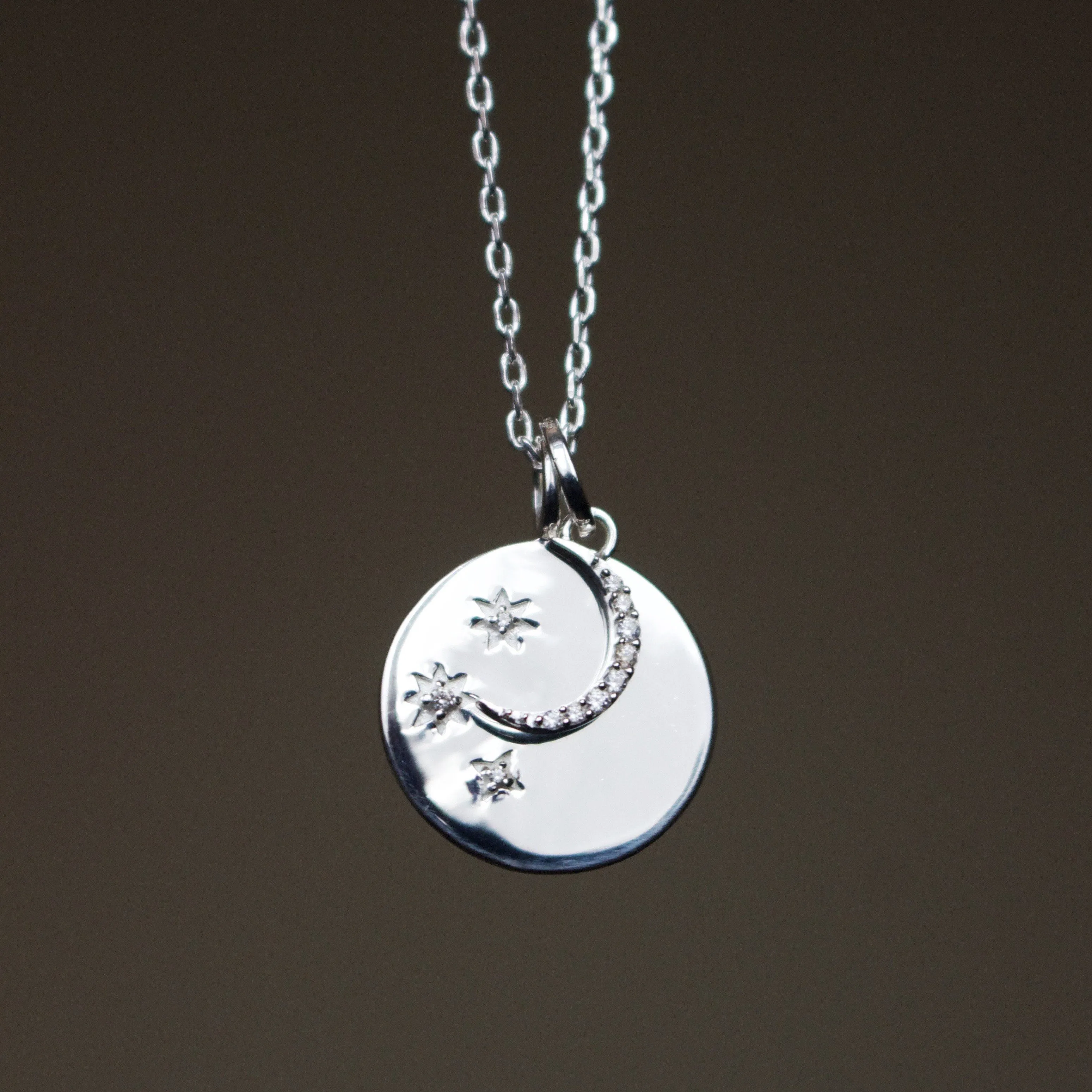 "We will look for you in the stars" Coin Necklace with Crescent Moon Charm