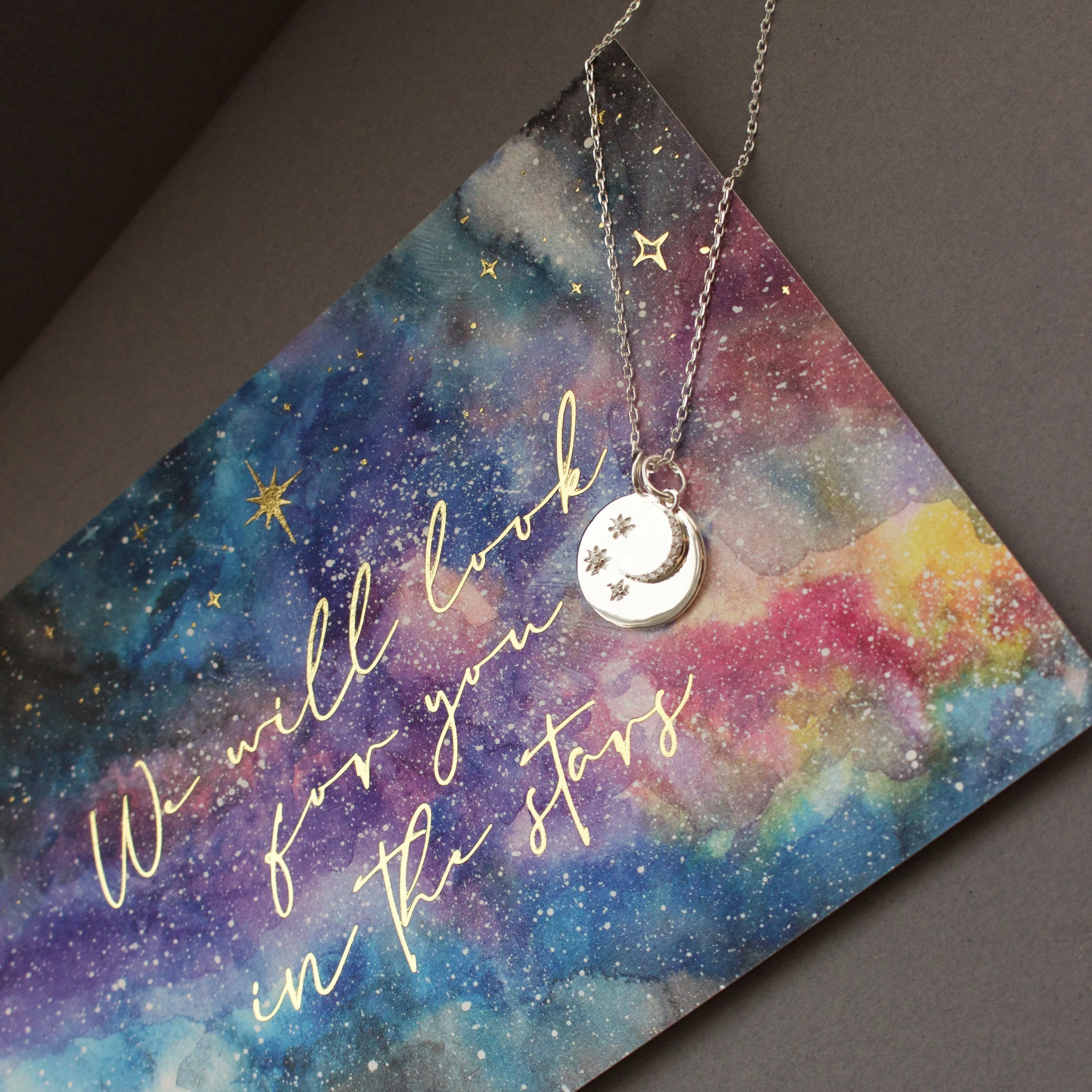 "We will look for you in the stars" Coin Necklace with Crescent Moon Charm