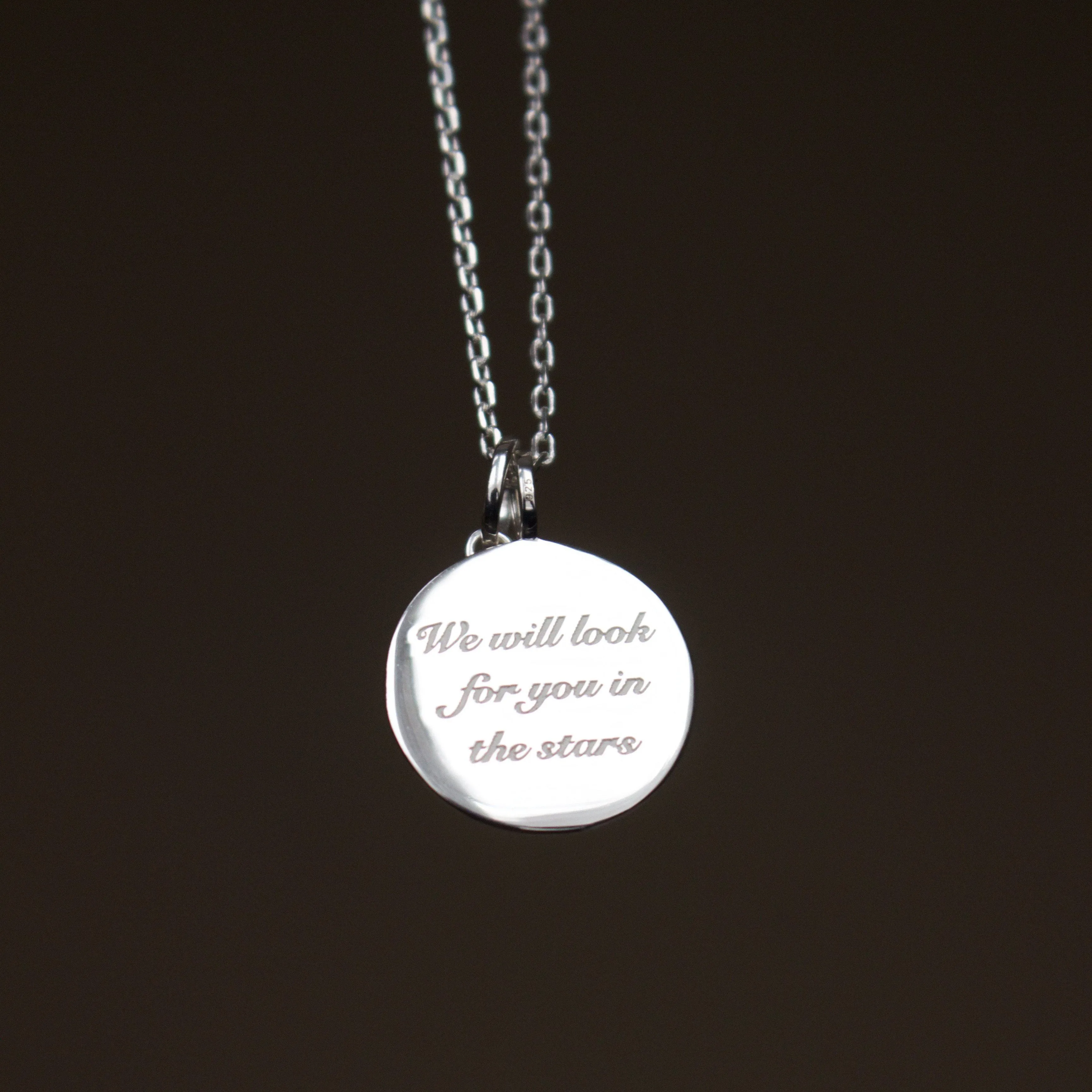 "We will look for you in the stars" Coin Necklace with Crescent Moon Charm