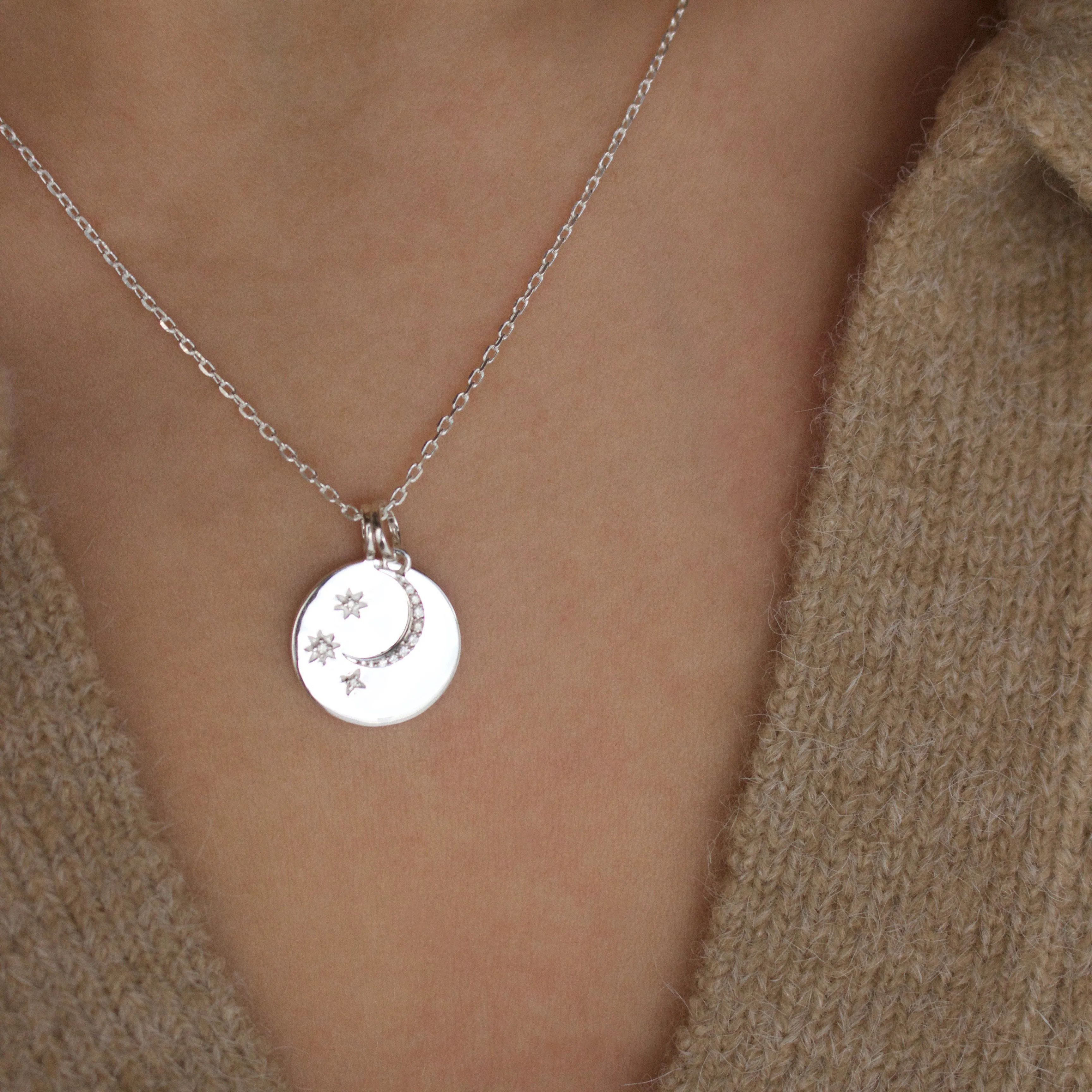 "We will look for you in the stars" Coin Necklace with Crescent Moon Charm