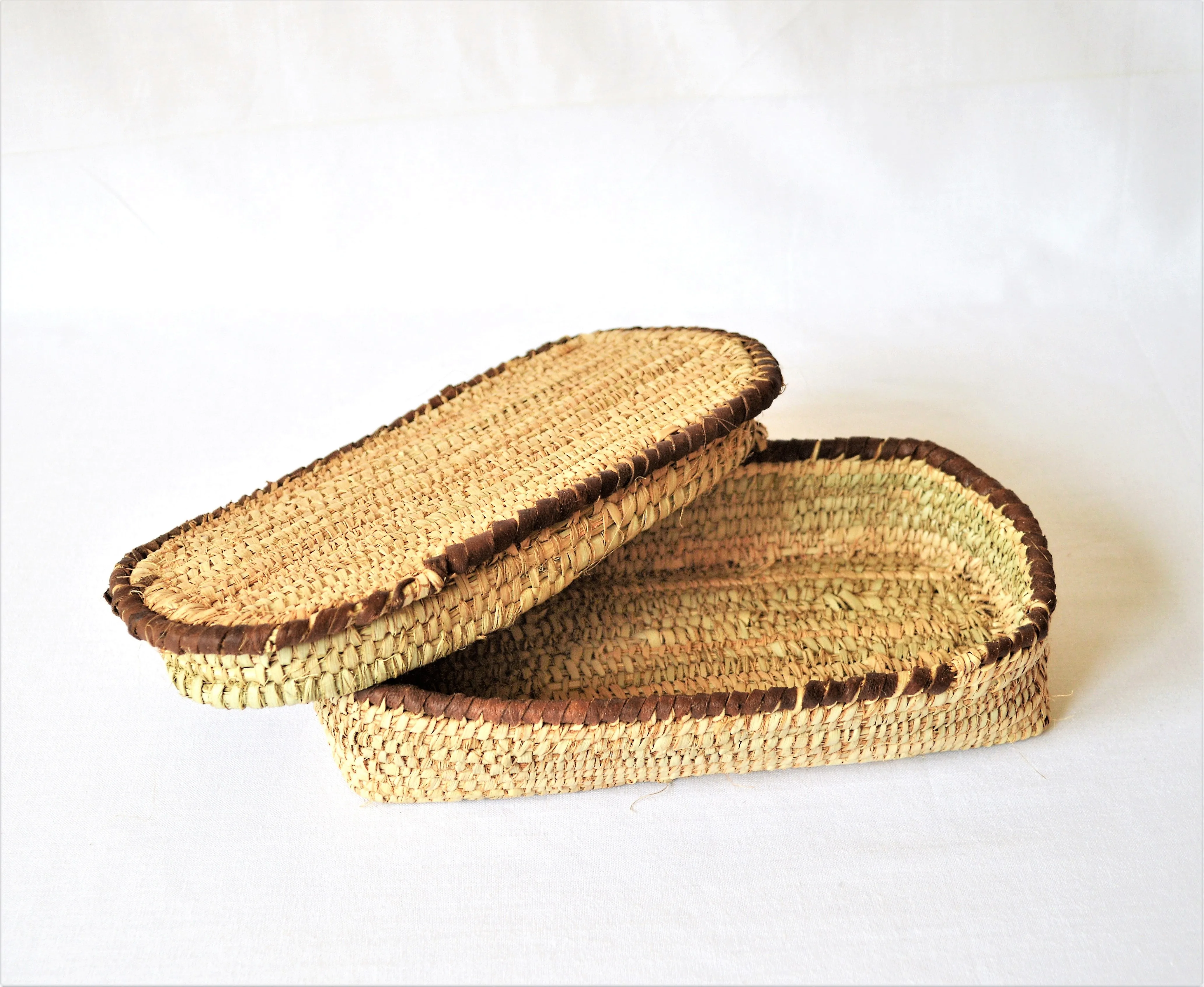 Rectangle jewelry box, Woven straw and leather basket with lid