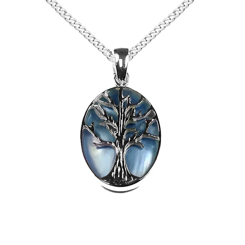 Silver Tree Of Life Necklace Blue Mother Of Pearl