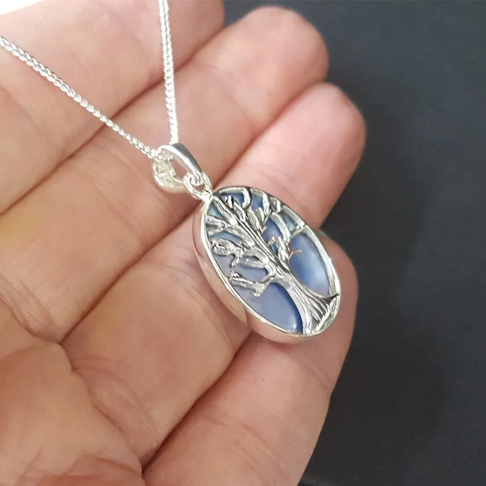 Silver Tree Of Life Necklace Blue Mother Of Pearl