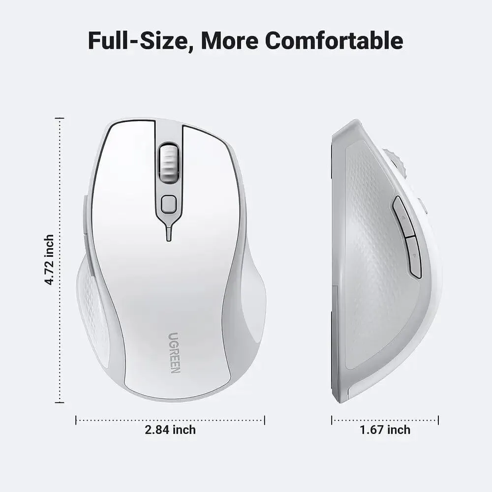 UGREEN Ergonomic 5 Buttons Silent 2.4G Wireless Bluetooth 5.0 Optical Mouse With USB Receiver, 4000 DPI Compatible for MacBook, PC, Desktop, Chromebook - White (15805)