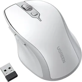 UGREEN Ergonomic 5 Buttons Silent 2.4G Wireless Bluetooth 5.0 Optical Mouse With USB Receiver, 4000 DPI Compatible for MacBook, PC, Desktop, Chromebook - White (15805)