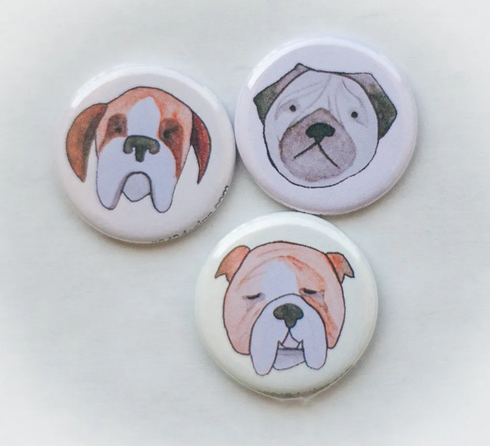 wrinkly dog art magnet set with boxer art, pug art, bulldog art, magnet gift set